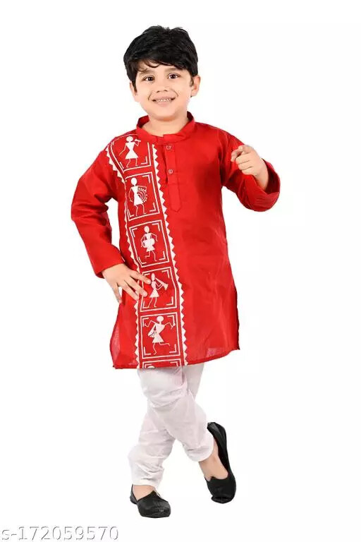 Indian Bollywood Wear Boys Cotton Blend Red Boys Kurta & Payjama Sets Pack Of 1