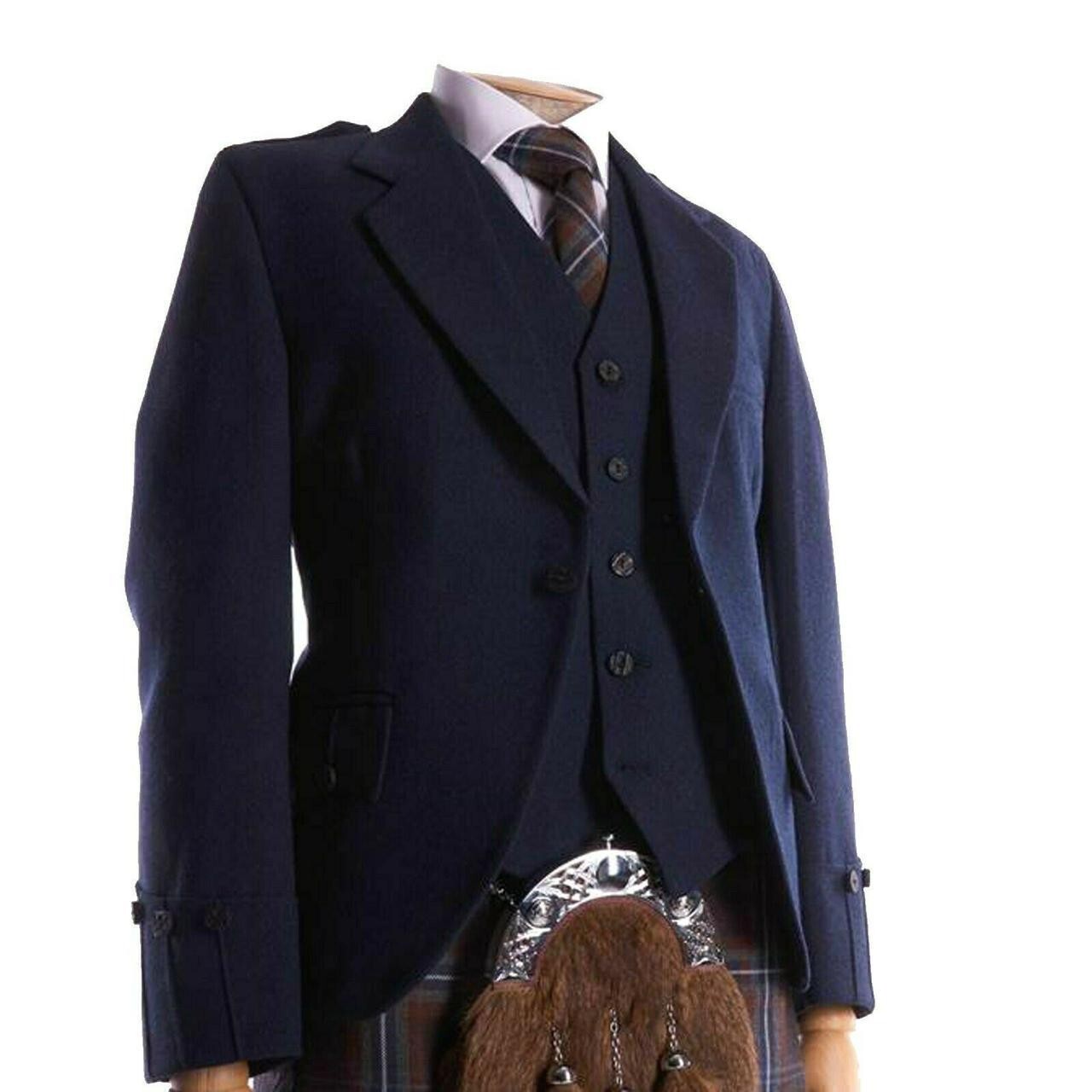 Dark Navy Mens Argyle Kilt Jacket And 5 Button Vest Scottish Wedding Kilt Jacket