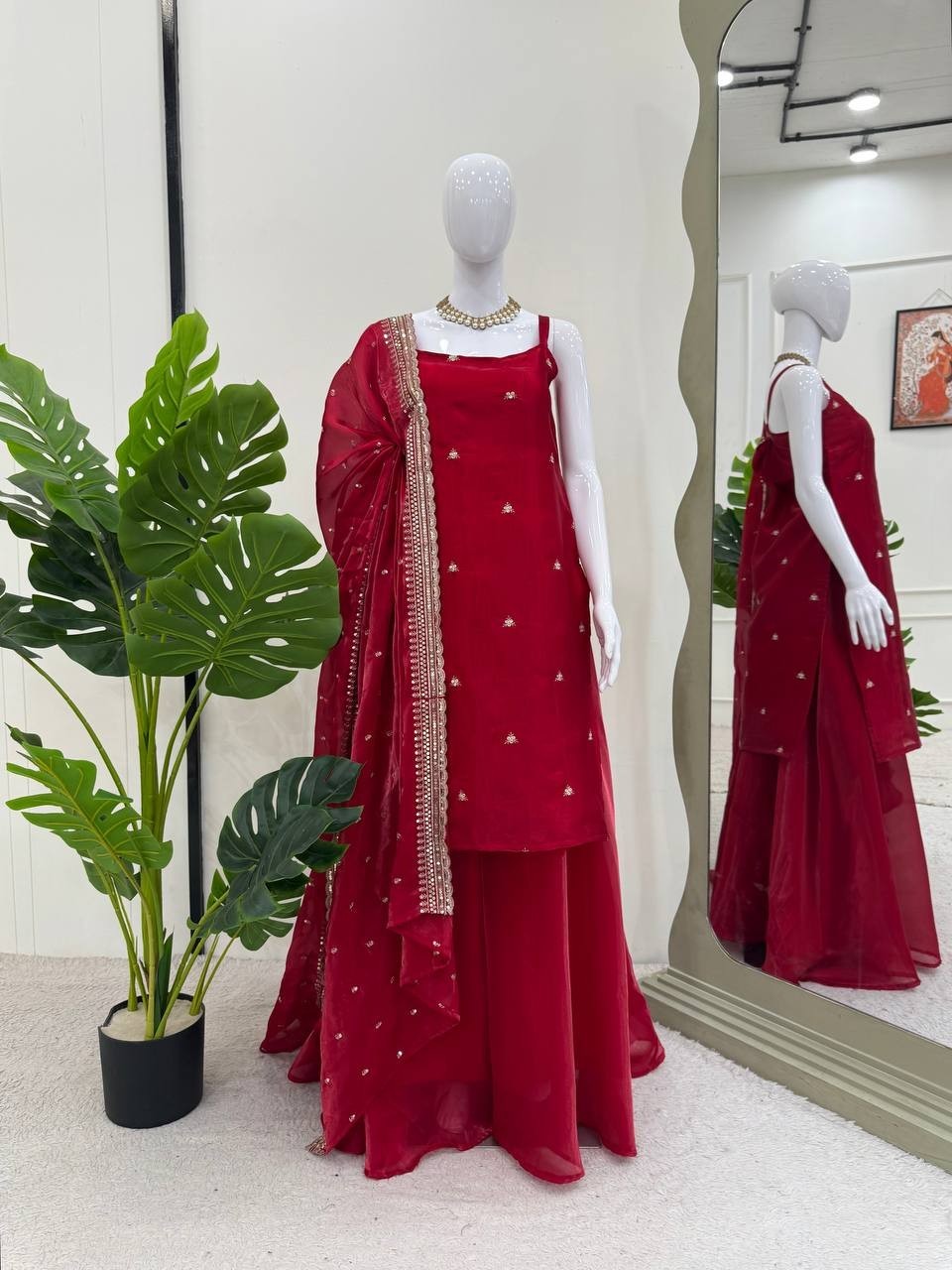 Stunning Look Gmy Silk Red Top Palazzo With Dupatta For Women Party Wear