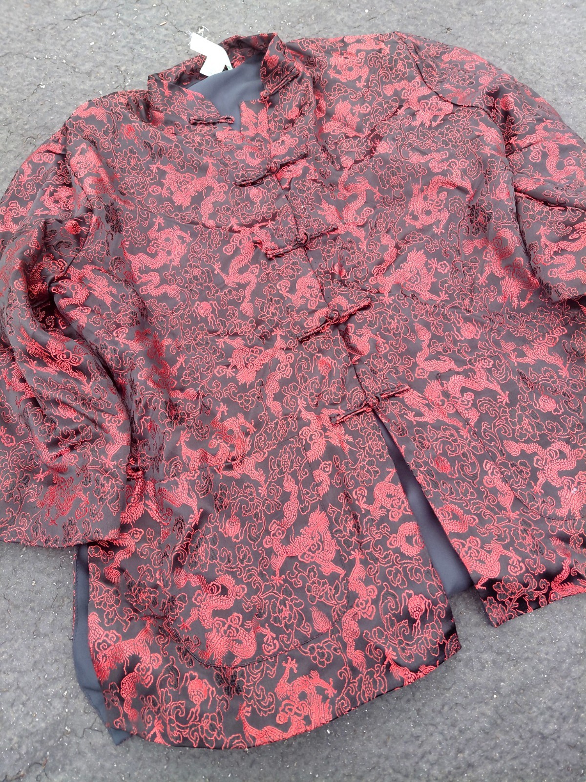 Vintage Jade Jade Jade Dragon Jacket Red Black Brocade Tang Coat Rayon M