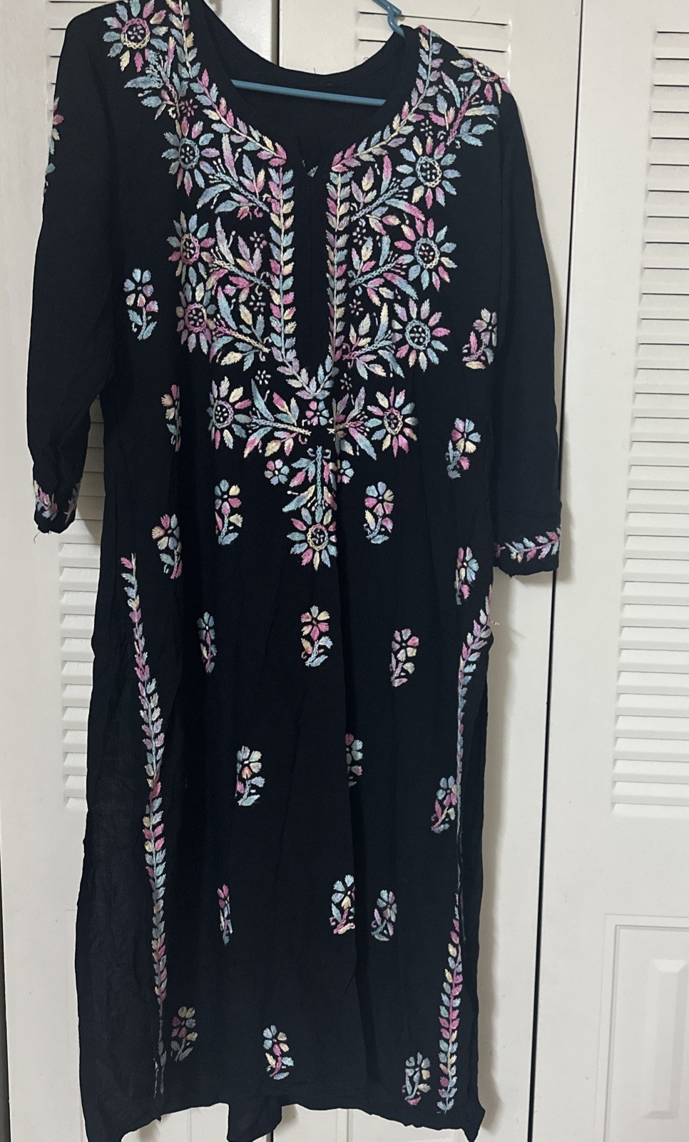 Pakistani Indian Women Long Heavy Multi Color Thread Work Kurti Black Size L