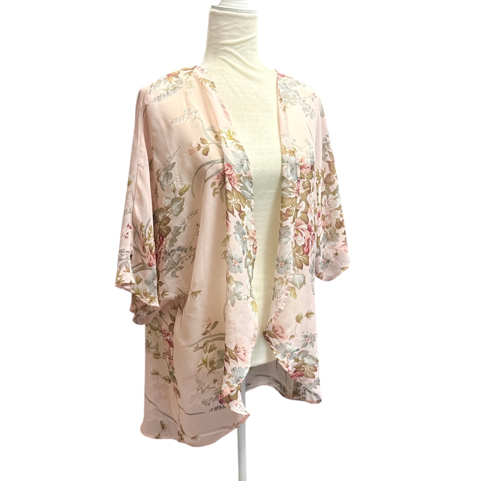 Light Pink Sheer Floral Open Front Kimono Size Small