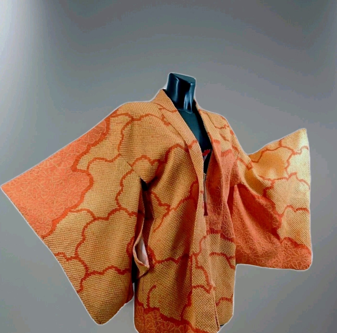 Vintage Original Japanese KIMONOJacket Pure Silk Embossed Orange/Pale Orange S-M