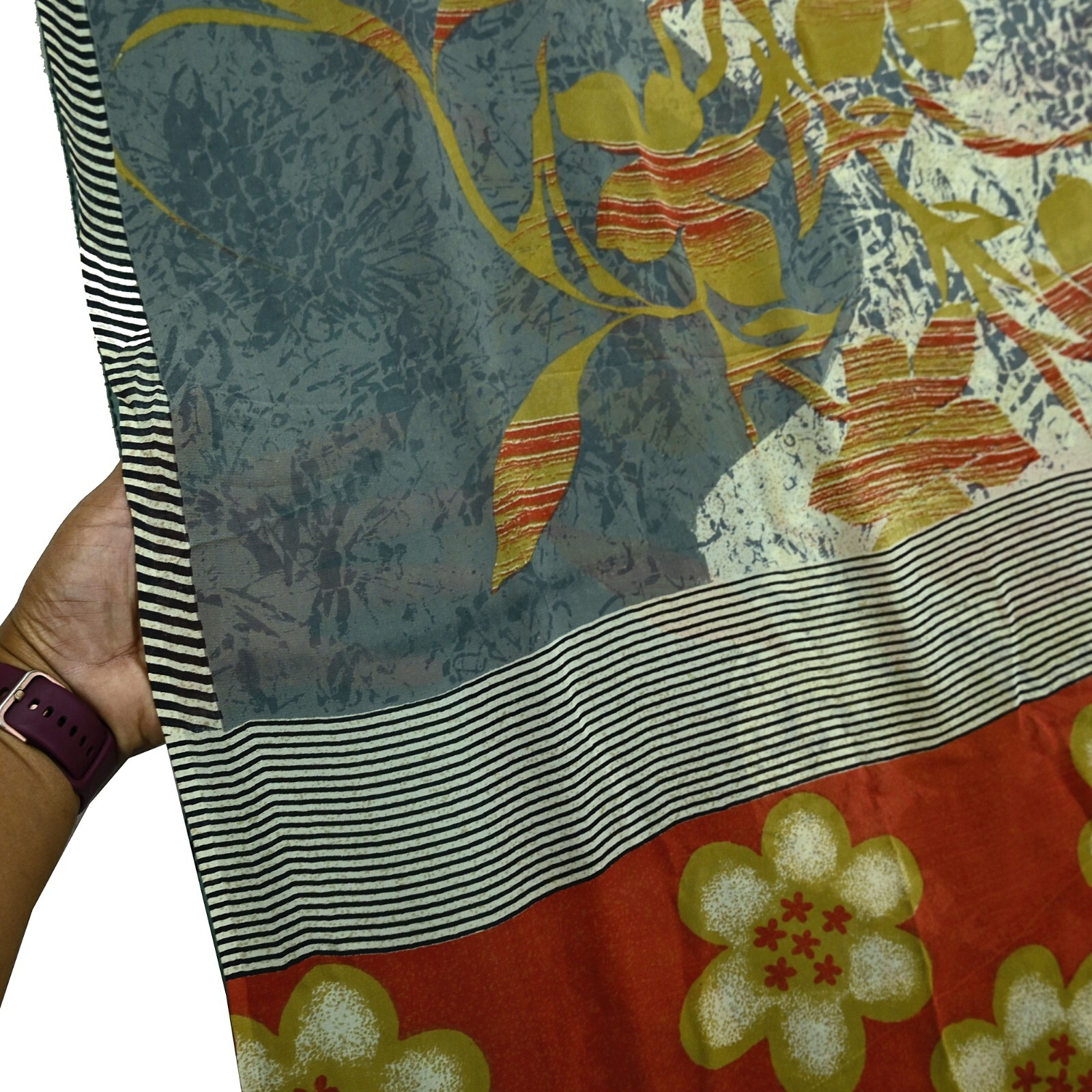 Vintage Sari Ivory & Gray Pure Georgette Silk Printed Sarees Sewing 5yard Fabric