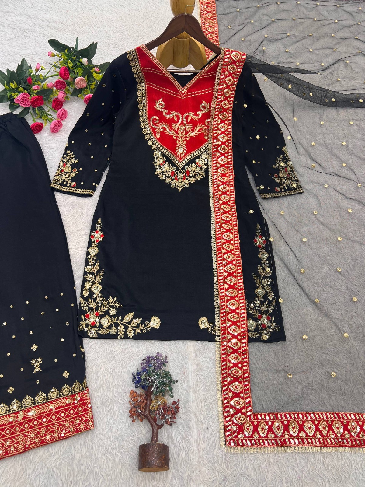 New Collection Black Maska Cotton Kurta Palazzo With Net Dupatta For Women