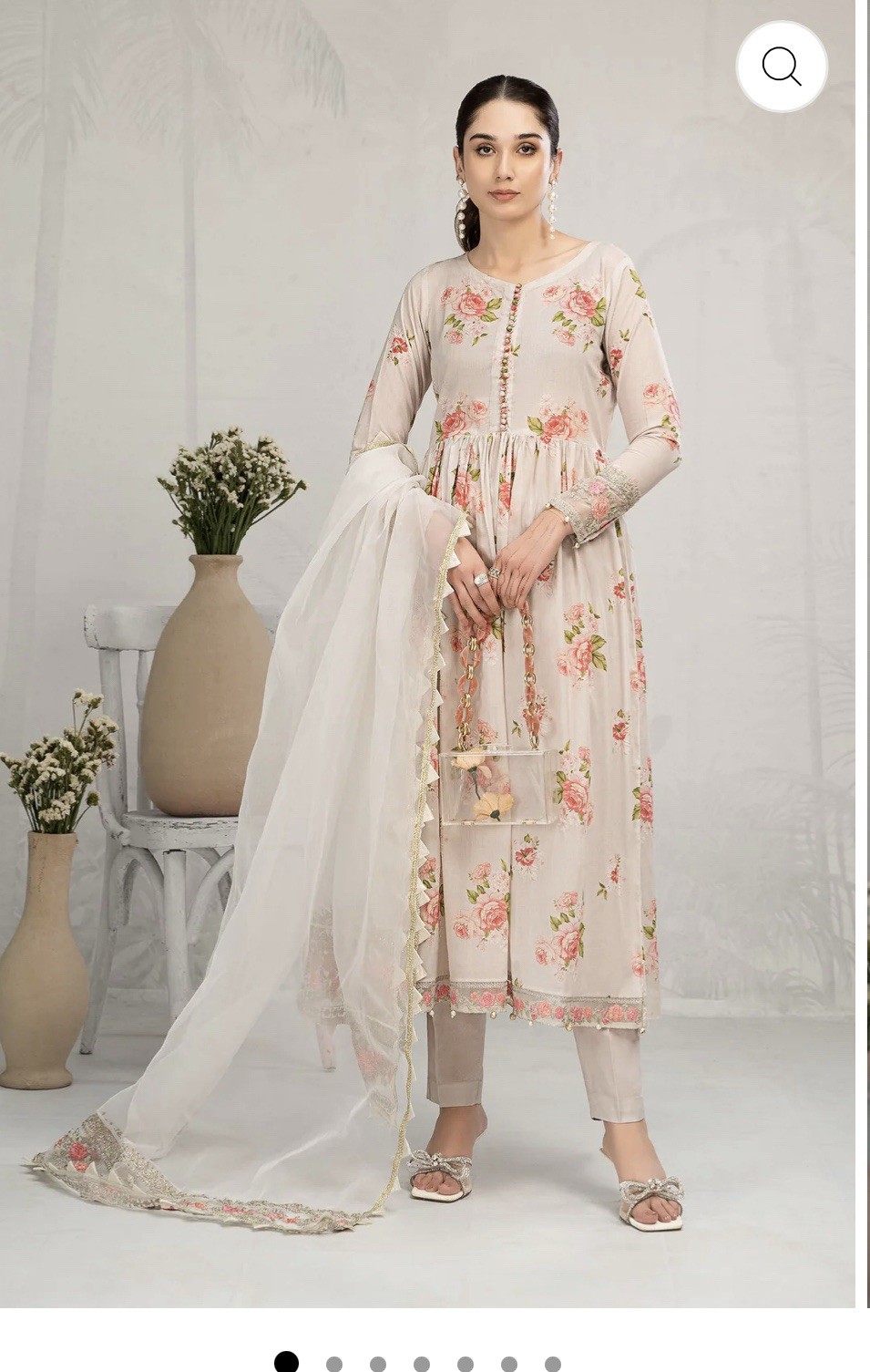 Pakistani Maria B Embroidered Peshwas Kameez, pants, Dupatta Ivory Pink 3 pcs