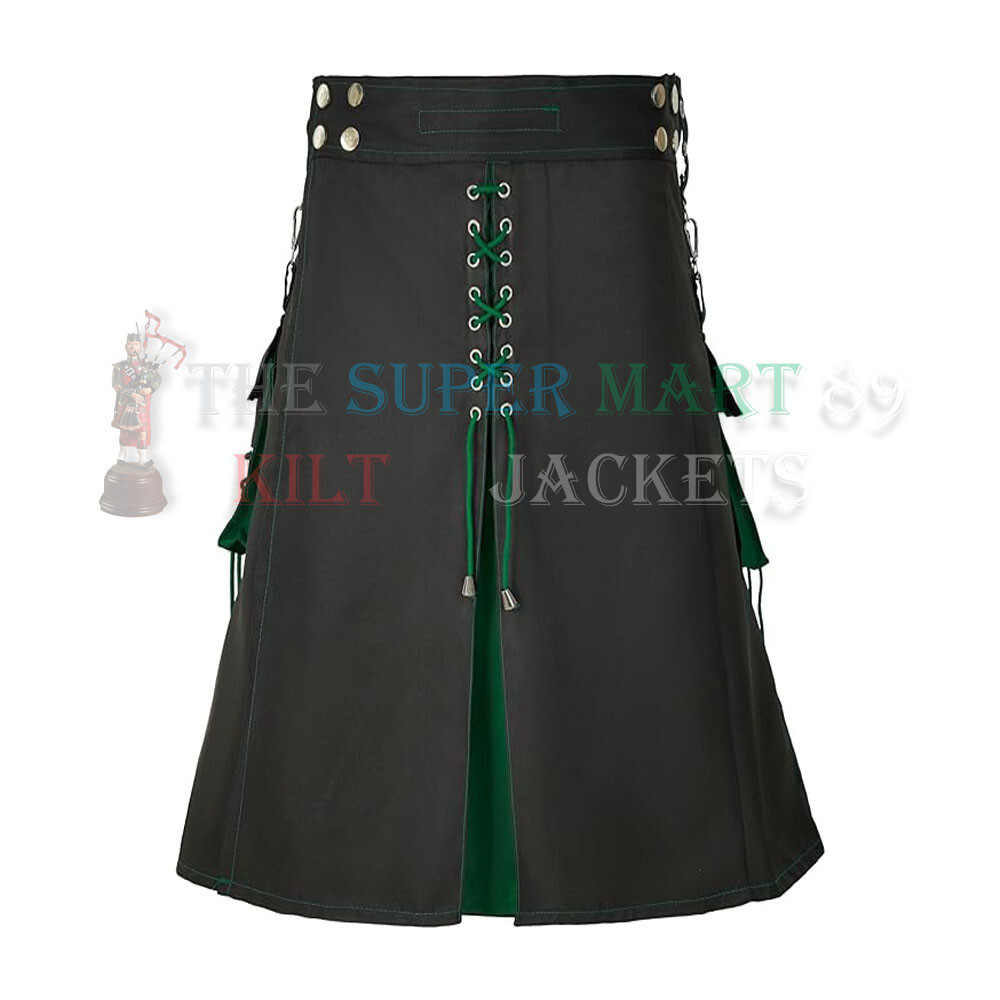 Scottish Utility Black Hybrid Kilt with Green Pleats and Lacing Details