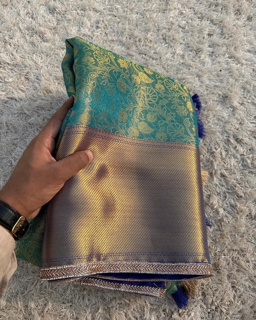 Designer Banarasi Kanchi Tissue Saree with Rich Weaving Pallu & Lace Border