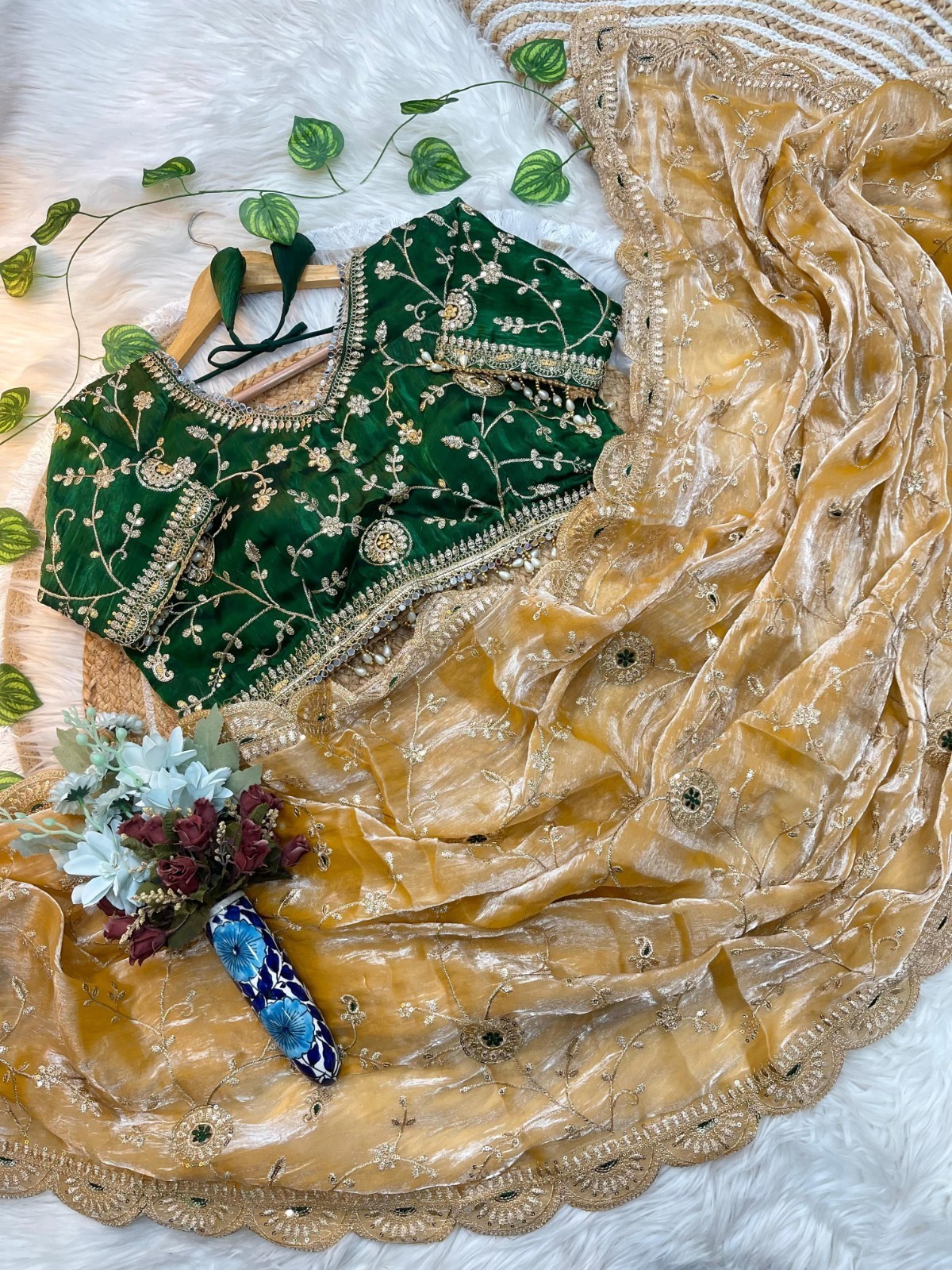 Emerald Green & Antique Gold Organza Saree With Heavy Embroidered Blouse