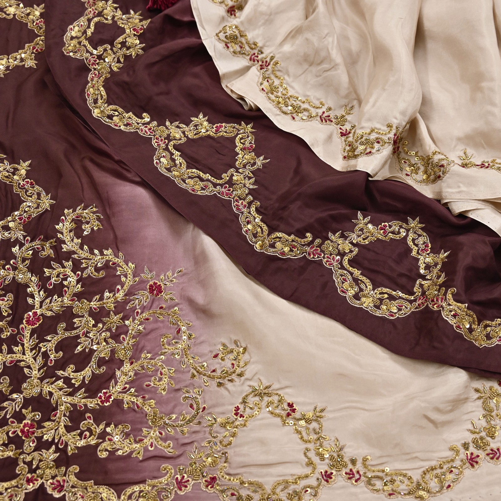 Rare Vintage Brown & Beige Pure Silk Zardozi Hand Embroidered Designer Saree