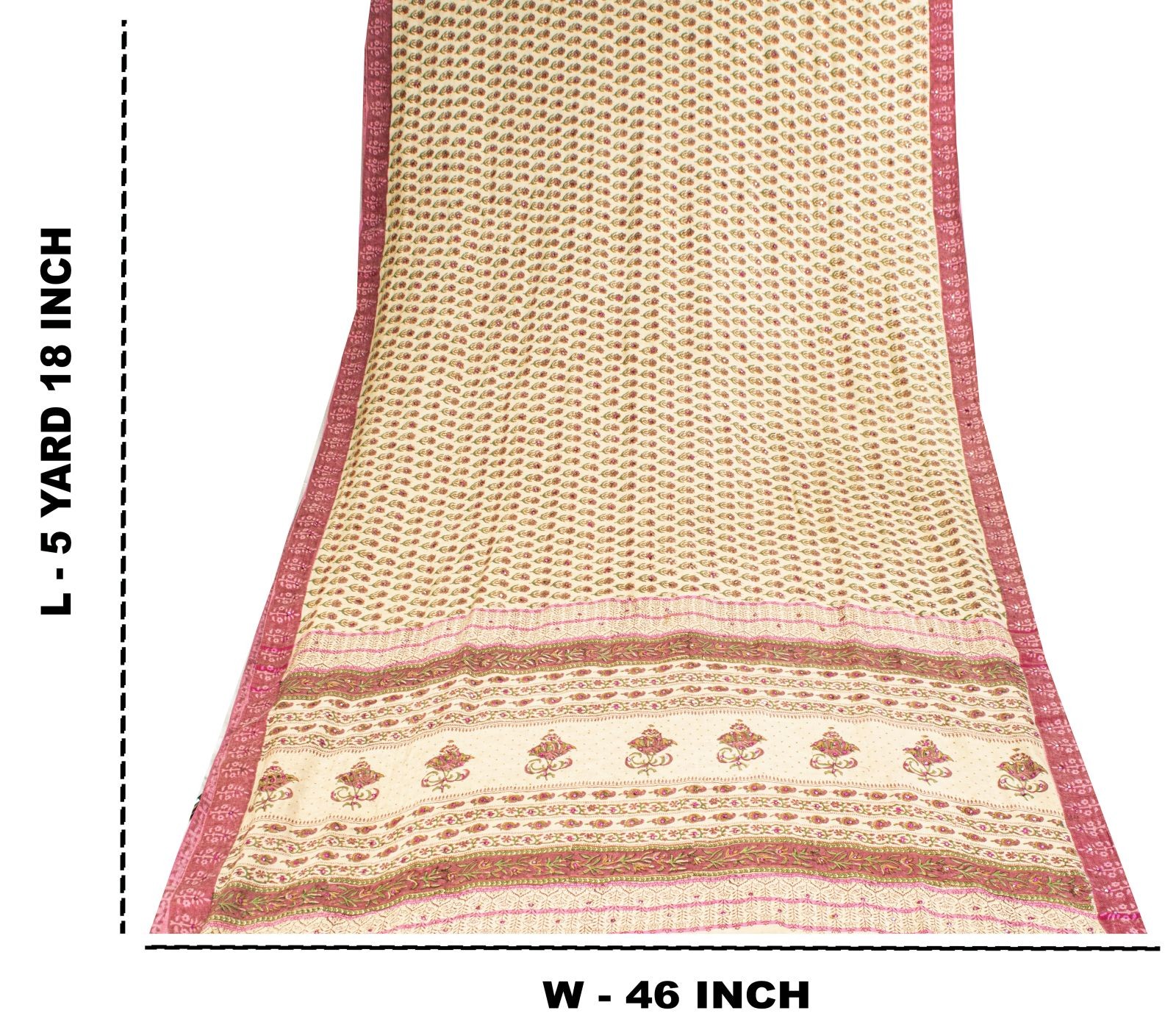 Sanskriti Vintage Saree Cream Pure Woolen Sanganeri Hand Block Print Sari 5.5+Yd