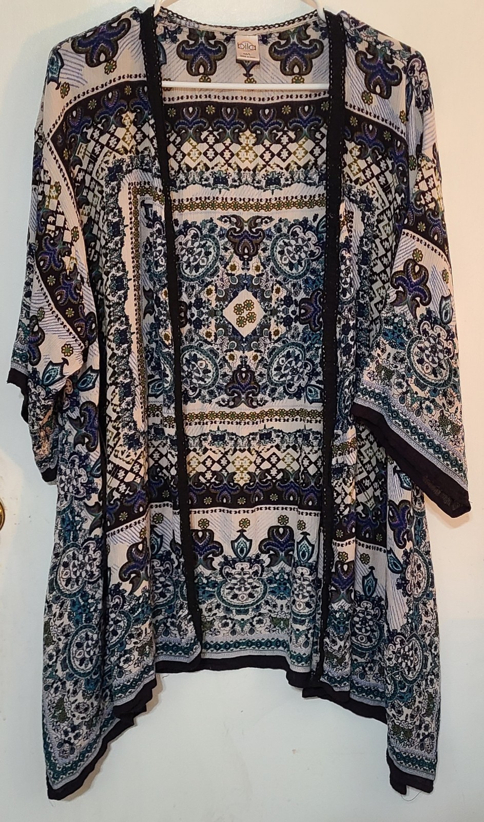 Bila Kimono Cardigan Womens Sz M/L Teal Paisley Boho Open Front Rayon Duster Top