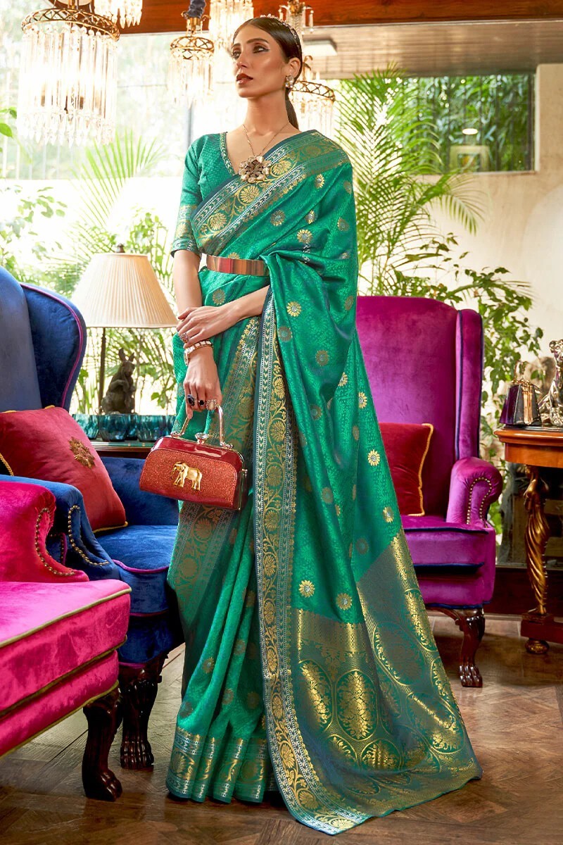 Women Saree Silk Kanjivaram Zari Work Aqua Green Color Party Wear With Blouse