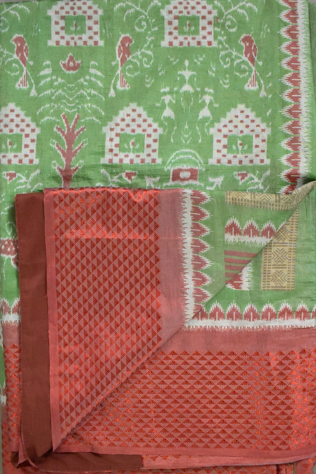 FNC Vintage Green Sambalpuri Ikat Sarees Handwoven Art Silk Sari Fabric Antique