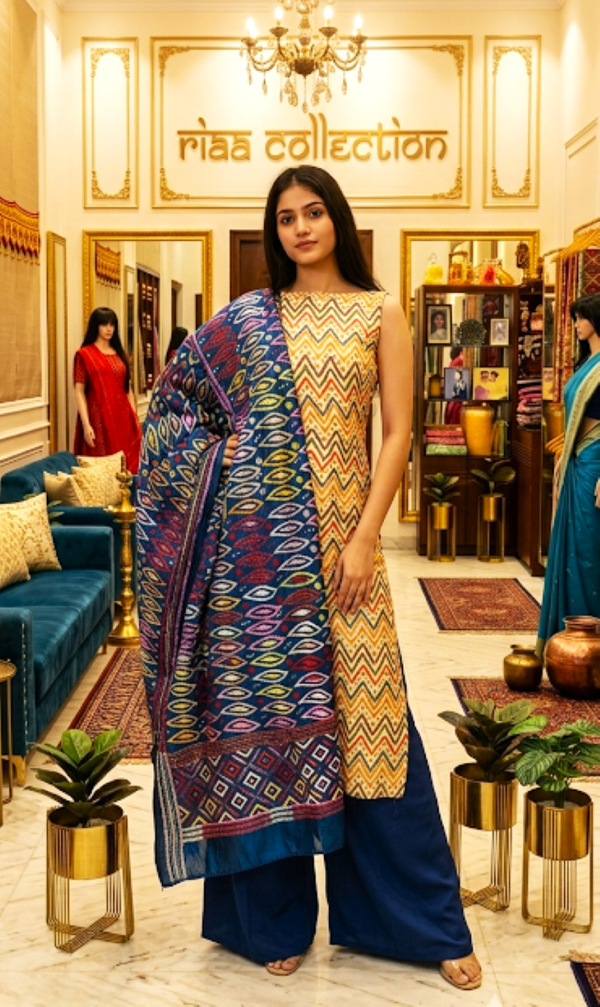 Riaa’s Indian KANTHA Embroidery Pure Silk Dupatta Salwar Kameez Dress Material