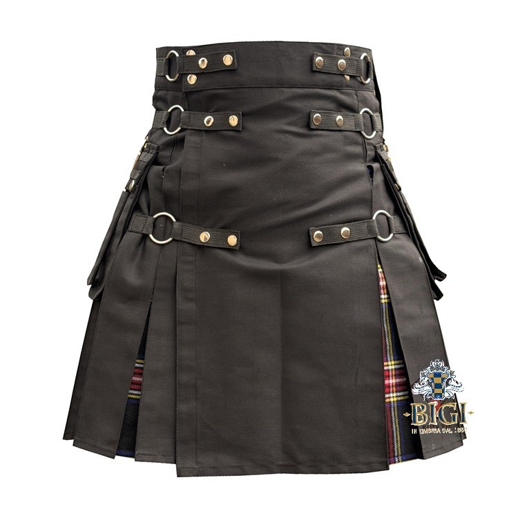 Black hybrid cargo kilt with tartan pleats and men’s pockets Kilt Available with