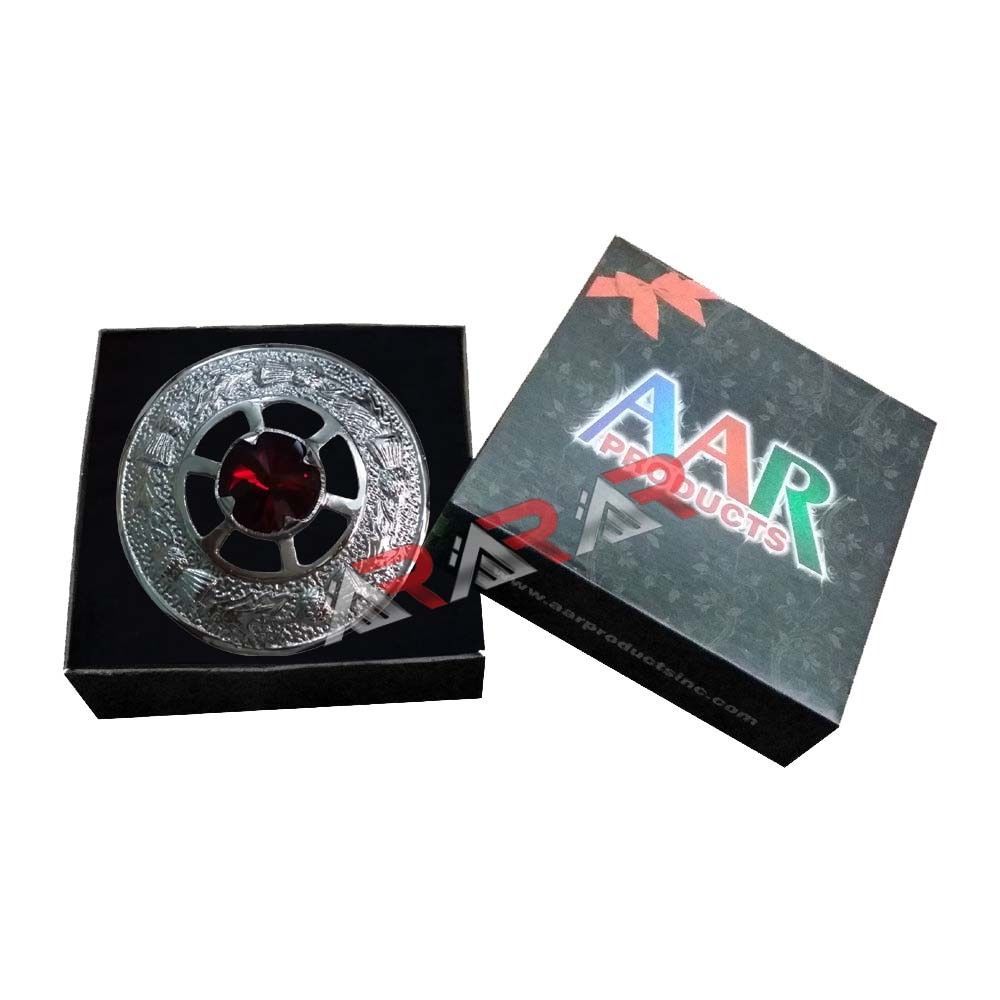 Ladies Brooch Kilt Fly Plaid Shawl Red Stone AAR Scottish Chrome Diameter 2″ New