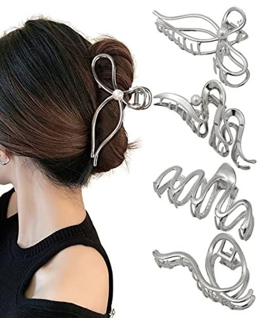 4 PCs Metal Hair Claw Clips – Irregular Large Clips for Women, Non-Slip Silver