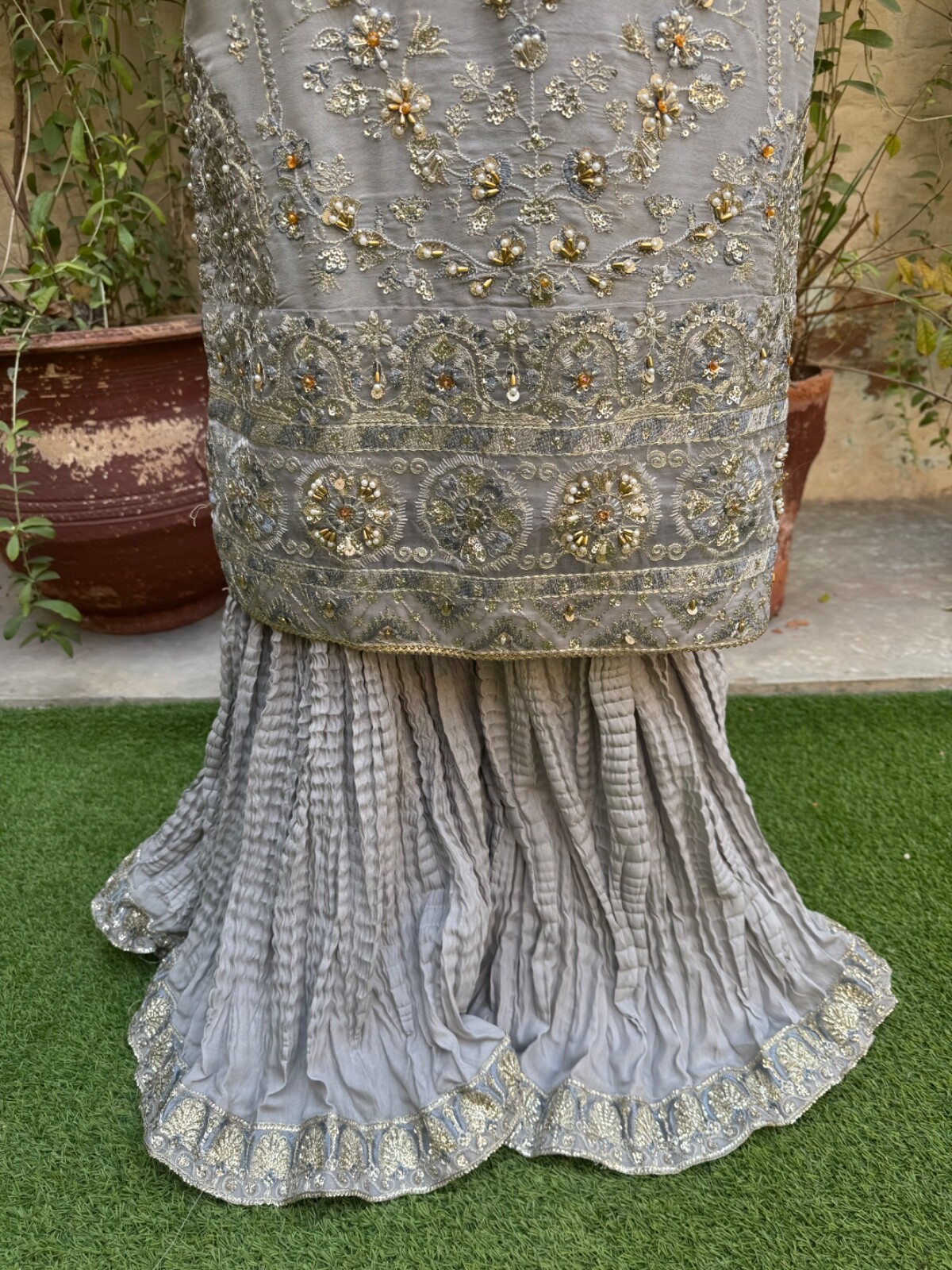 Pakistani Gray Straight Style Embroidered Sequins Chiffon Sharara Dress,L