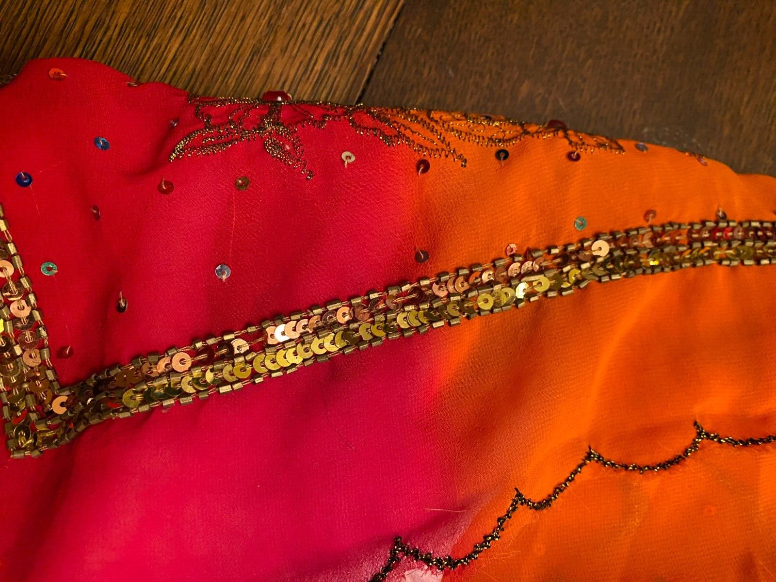 Vintage SARI Wrap ORANGE SHeer Chiffon Embroidery SEQUIN Fabric 6 yds 45″ Red