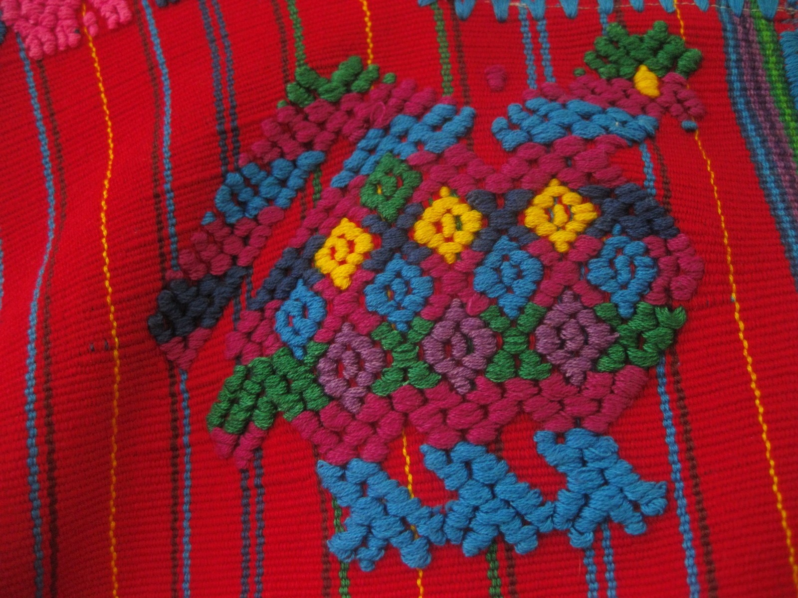 Vintage Guatemala Huipil~Rich Red Striped Gem ~Colorful Stitchery