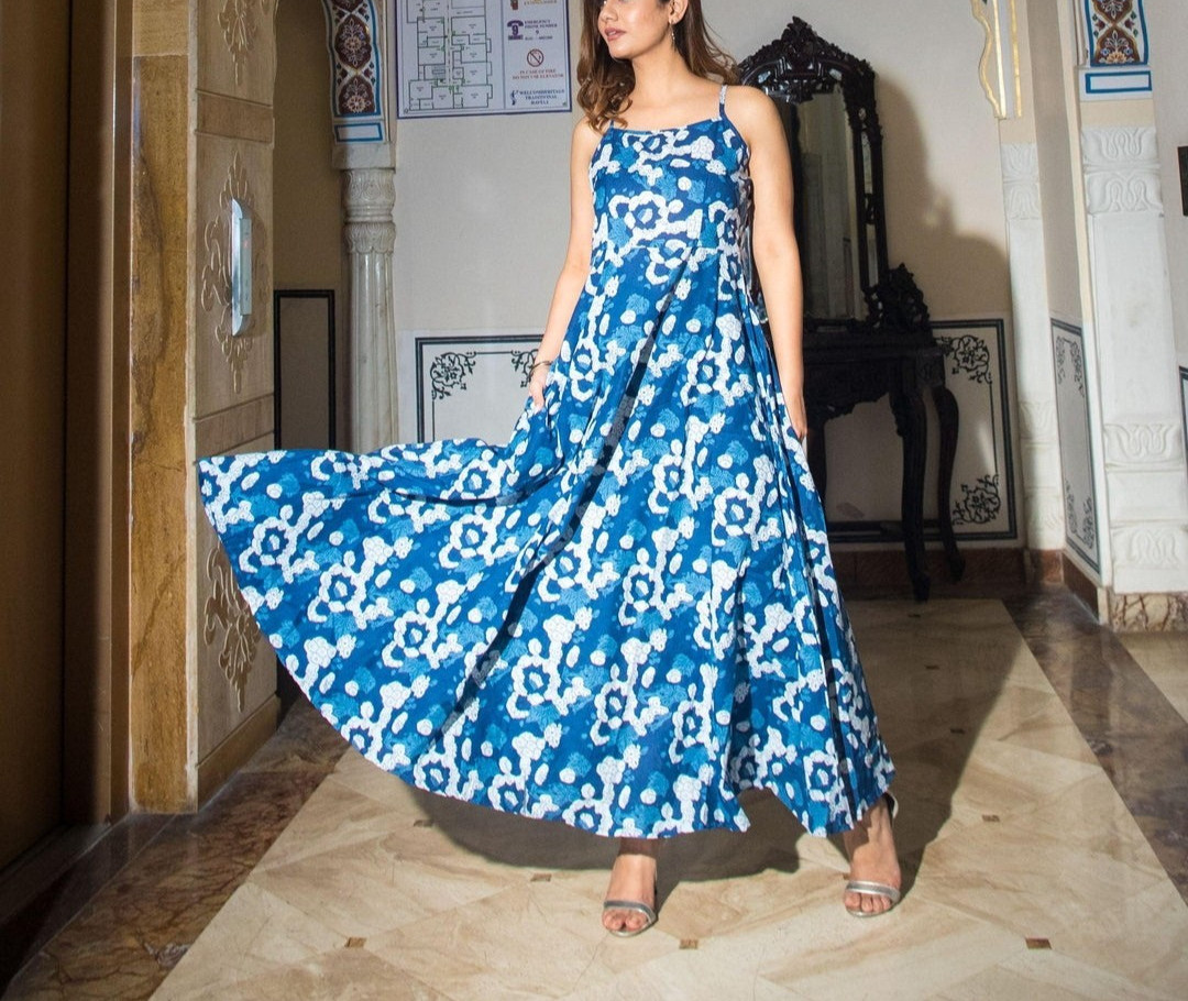 Premium Blue Floral Print Cotton Fabric Flared Dress for Women | Flowy Midi Dres