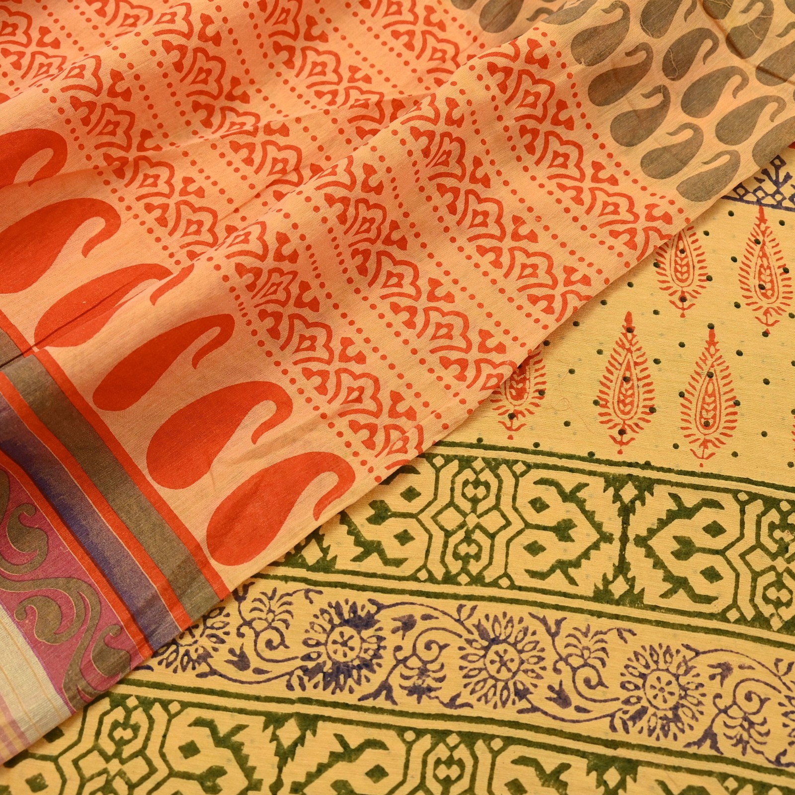 Indian Vintage Yellow Block Printed Pure Chanderi Silk Saree Floral Zari Fabric