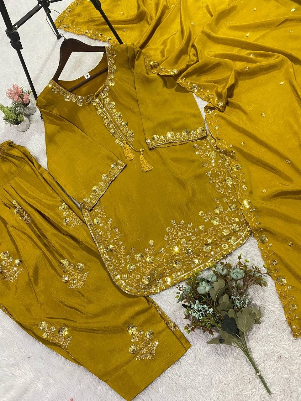 Latest Beautiful Chinon Silk Yellow Salwar Kameez With Dupatta For Festival Wear