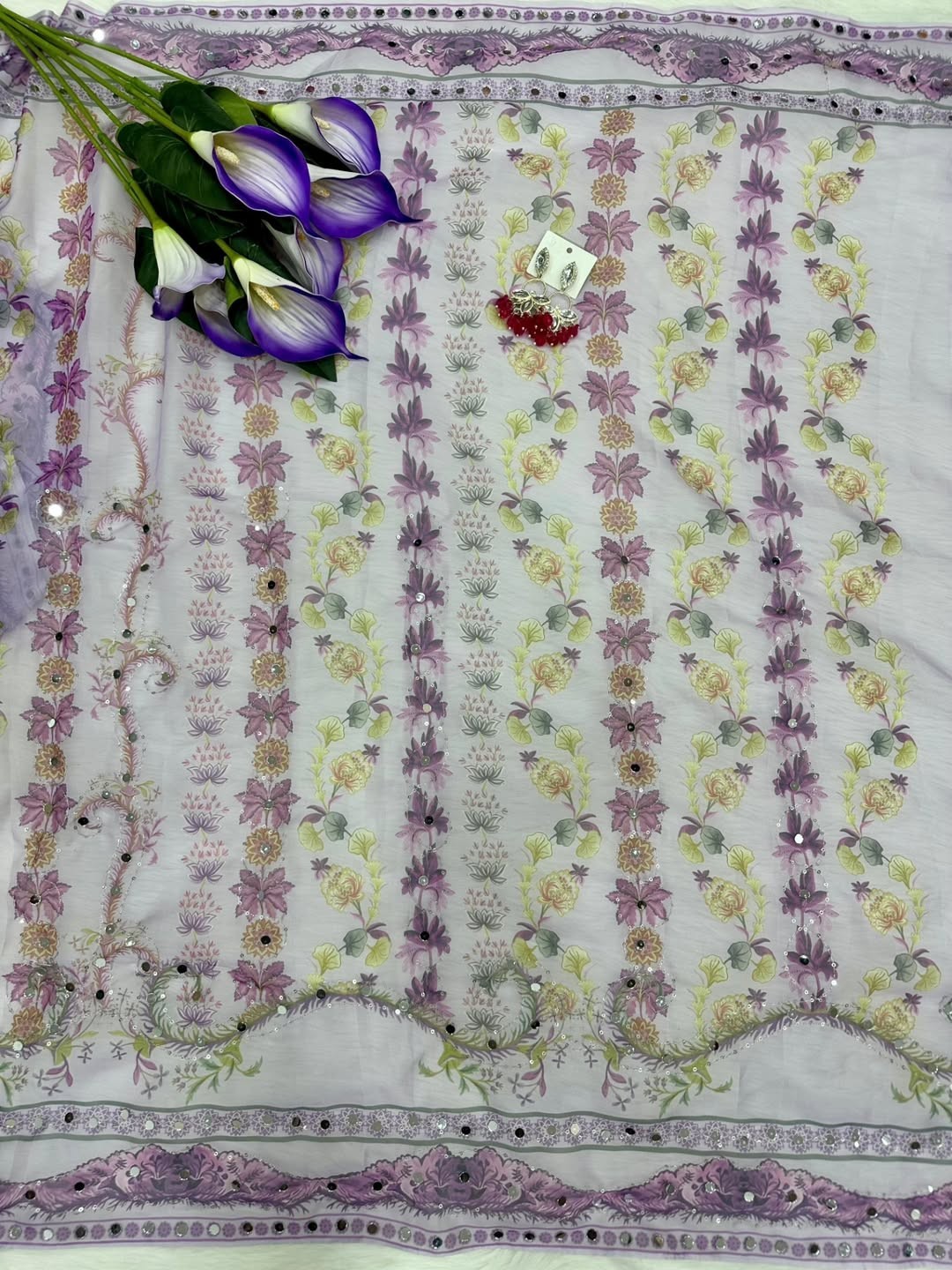 digital print sequence embroidery original mirror work soft silk saree & blouse