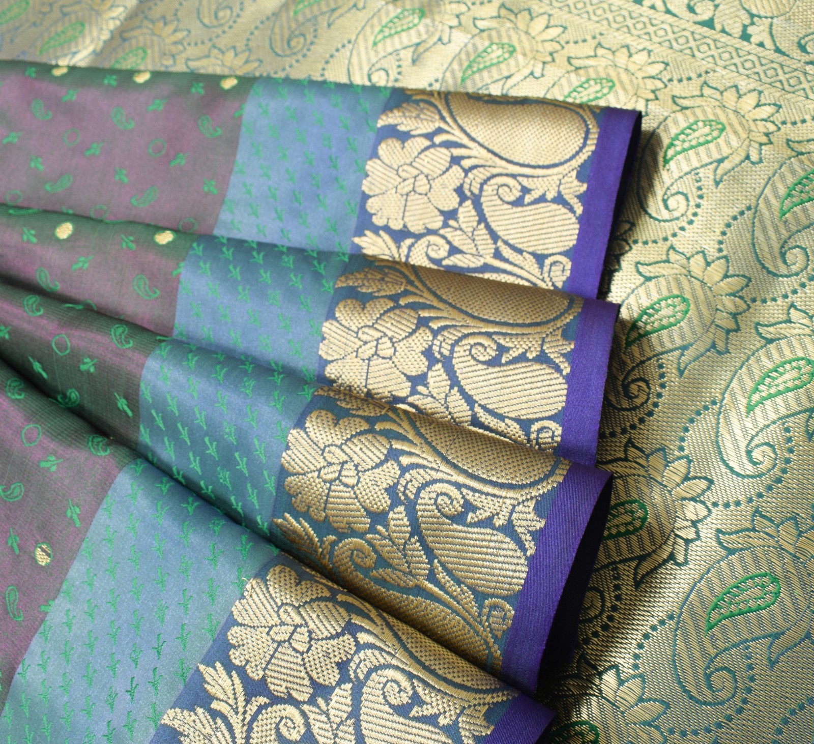 Indian Green Purple DualTone Sari Art Silk Banarasi Saree Blouse Gold Zari Woven