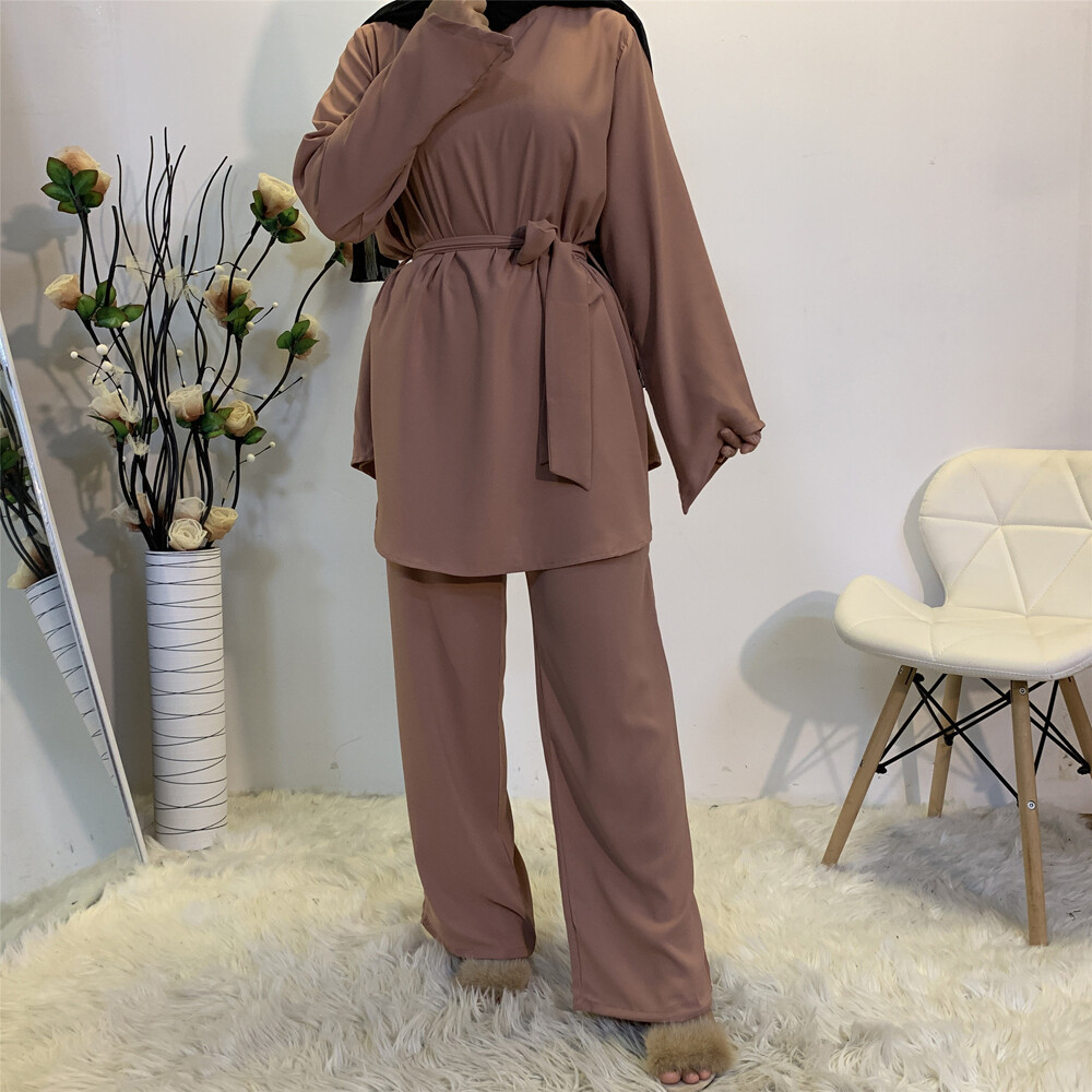 2 Piece Set Muslim Women Casual Long Sleeve Tops Blouse Wide Leg Pants Abaya