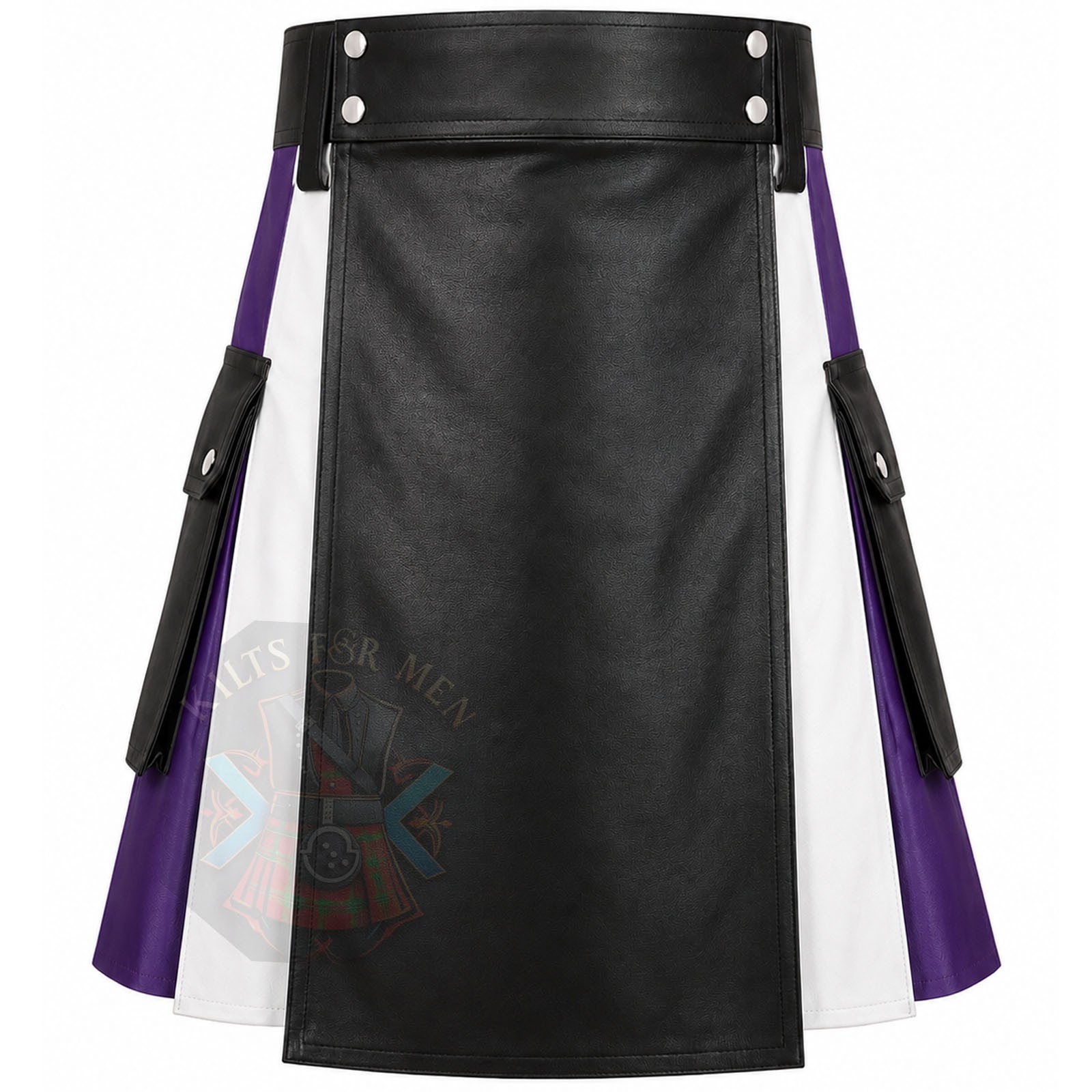 Black Leather Utility Kilt for Men – Purple White Hybrid Cow Leather Kilt