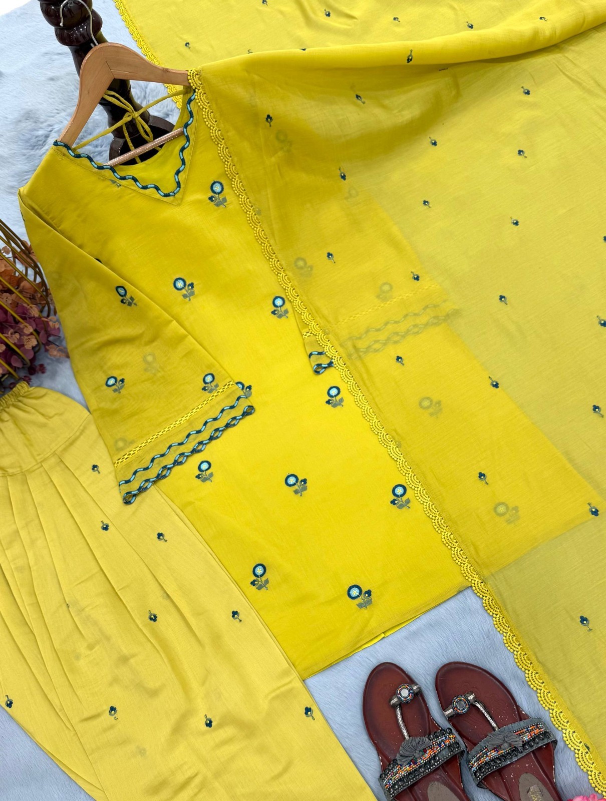 Latest New Mul Chanderi Yellow Top Palazzo With Dupatta For Traditional Wear