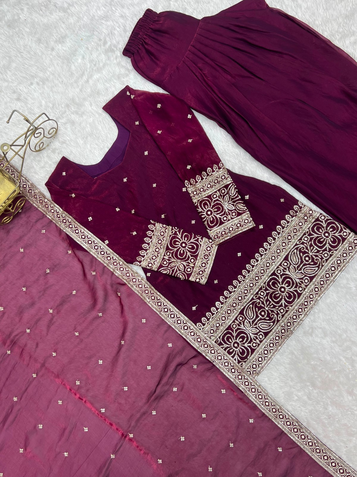 Designer Heavy Fendy Silk Top Kurta with Farshi Shalwar Glass Roman Silk Dupatta