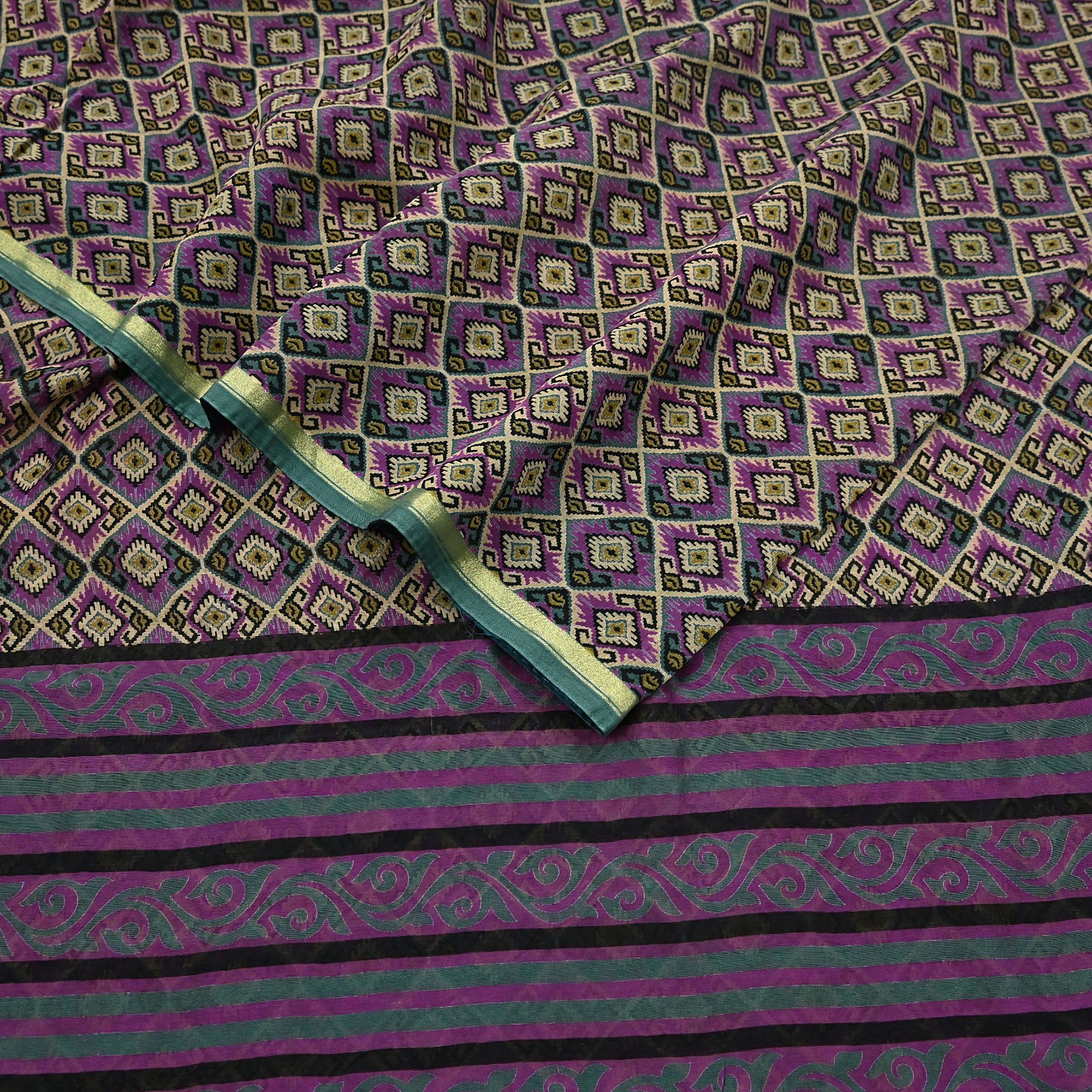 Vintage Green & Purple Block Printed Pure Chanderi Silk Saree Floral Zari Border