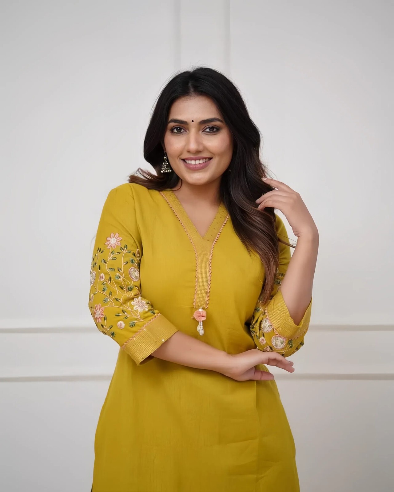 Women Multi-color Kurta Set with Embroidered Sleeves, V-Neck Straight Cut Pants