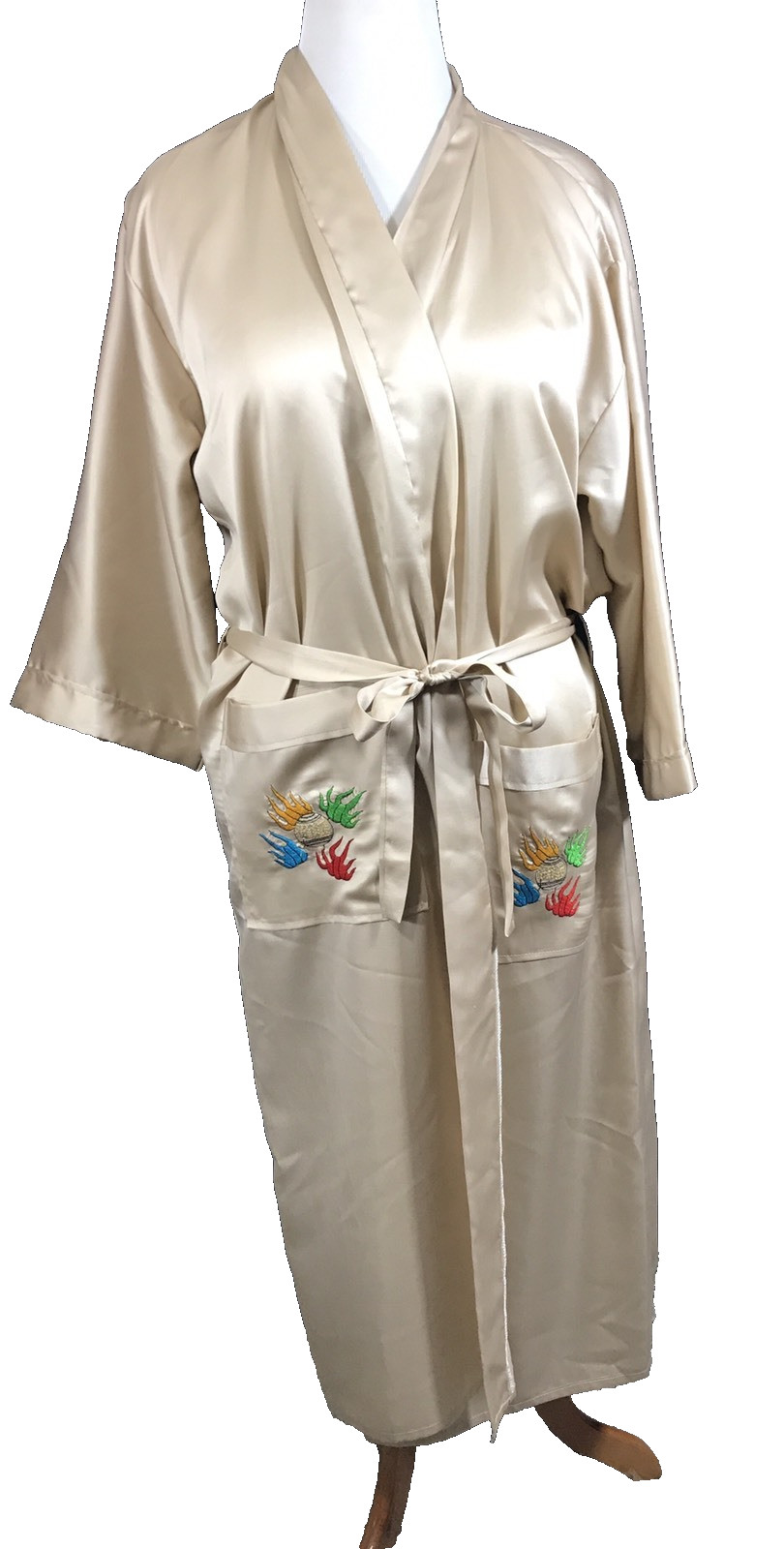 Vintage Kimono Jacket Robe Embroidered Dragon Tan/gold Bell Oriental Boho