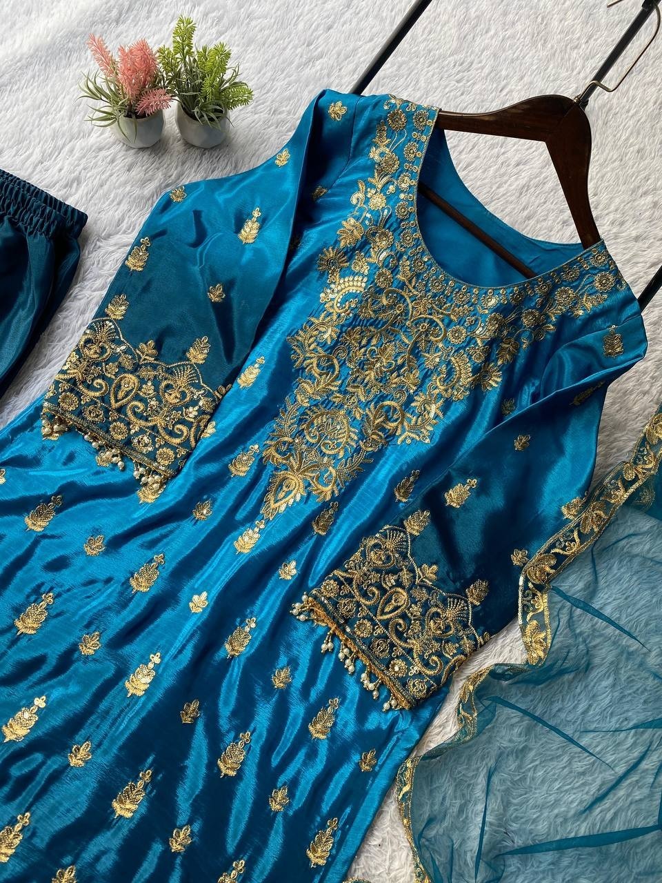Attractive Designer Chinnon Silk Kurta Palazzo With Net Dupatta For Women