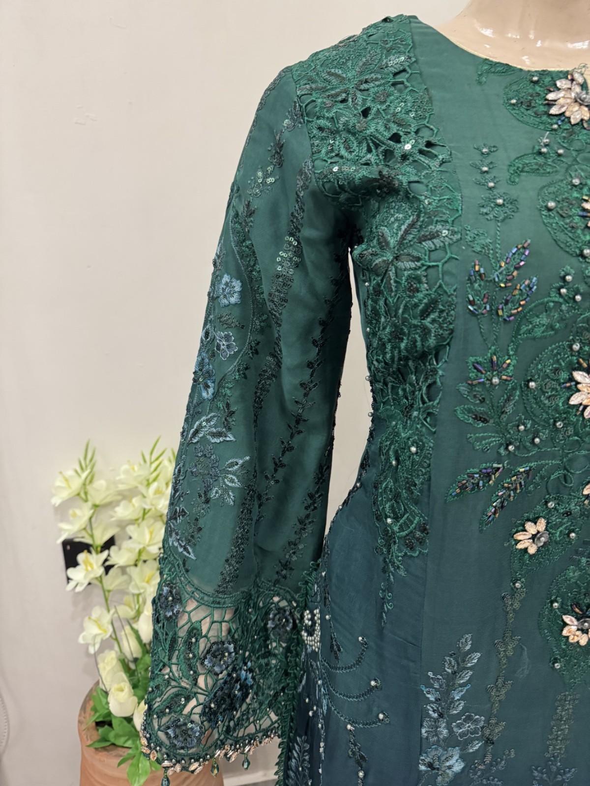 Pakistani GreenFancy Chiffon Dress with embroidery & Squins work, Xl