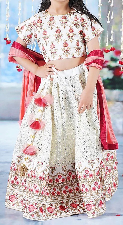 Little Bansi Girl’s Cream Viscose Silk Floral Embroidered Lehenga Set – Sz 11/12