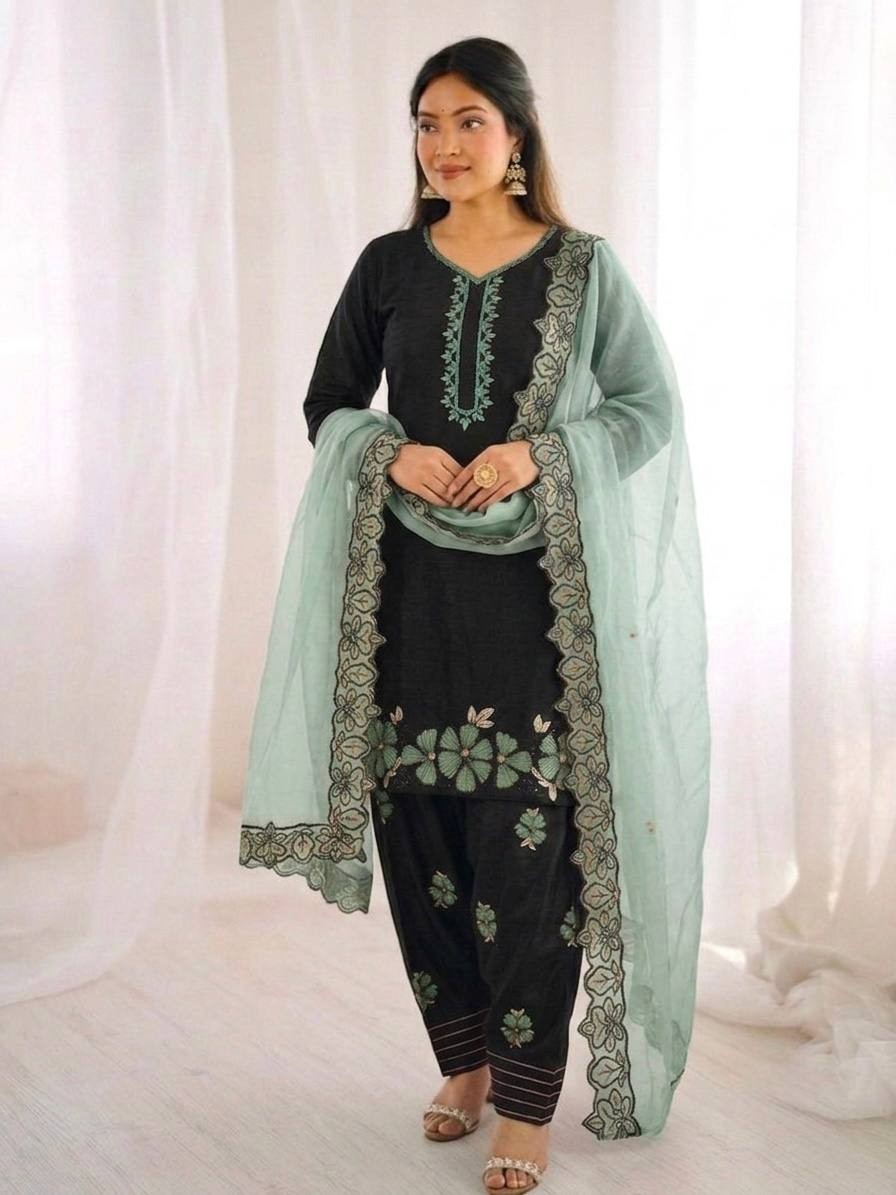 Stunning Roman Glass Silk Farshi Salwar Kameez With Dupatta For Women