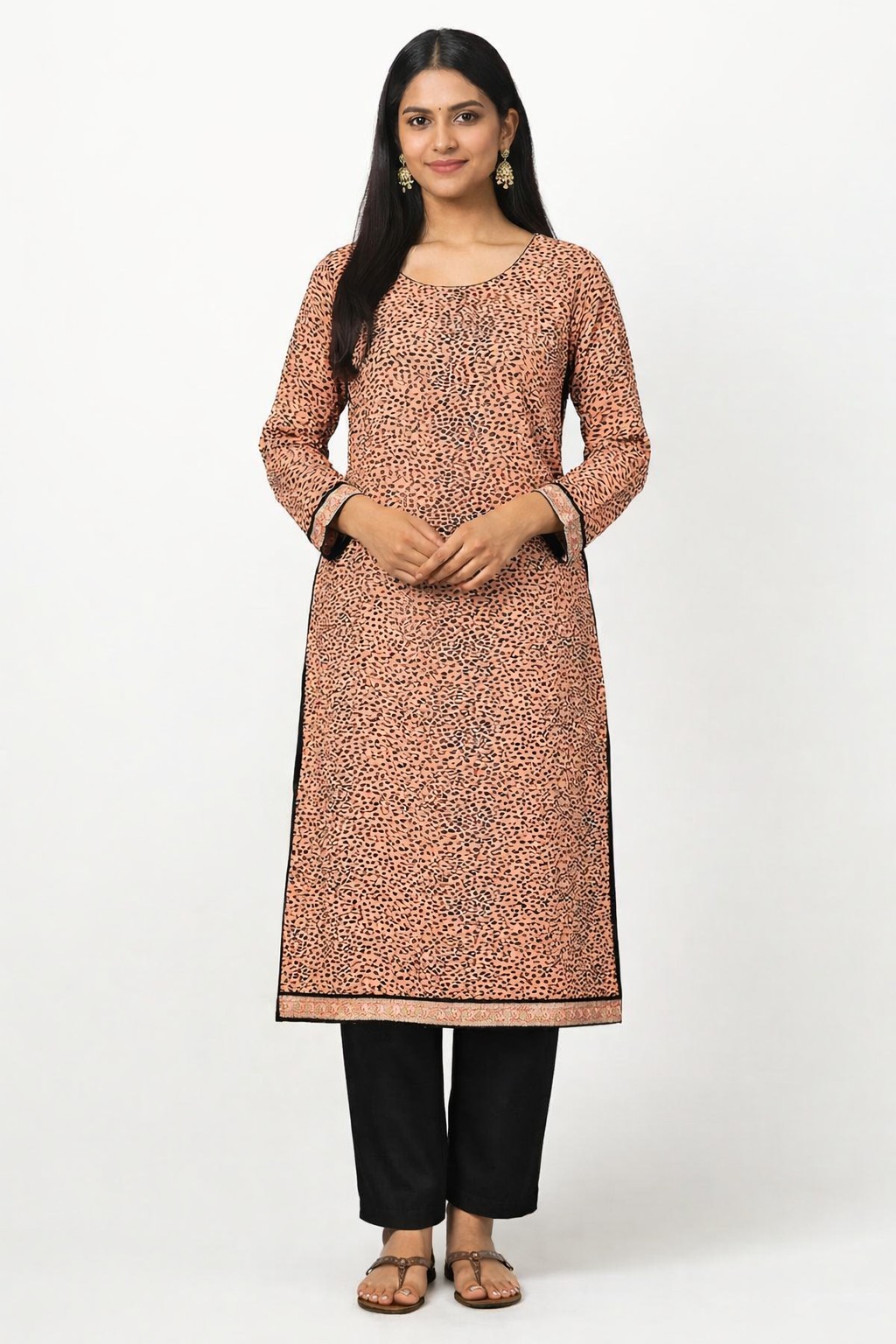 Beige Black Printed chiffon Blend Women’s Kurta M with Tassel Beaded Details