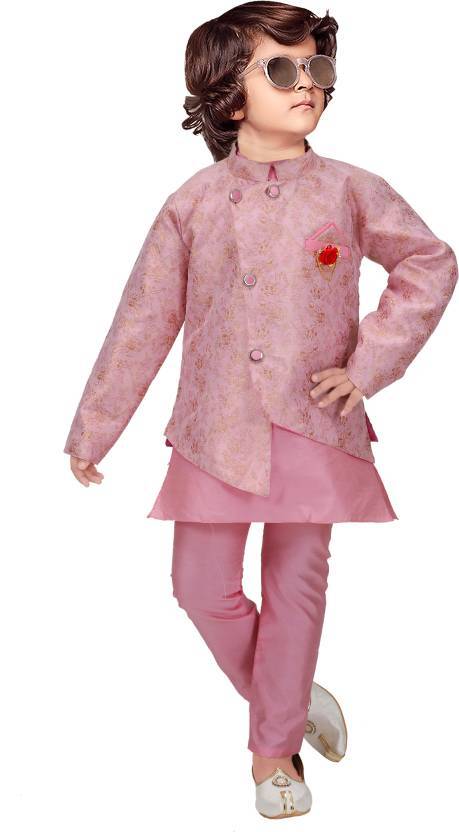 Boys Festive & Party Kurta, Waistcoat and Pyjama Set (Pink Pack of 1)