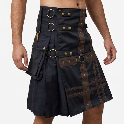Men’s Scottish Black and Brown Pocket Utility kilt Highland Kilt 28′ to 60″