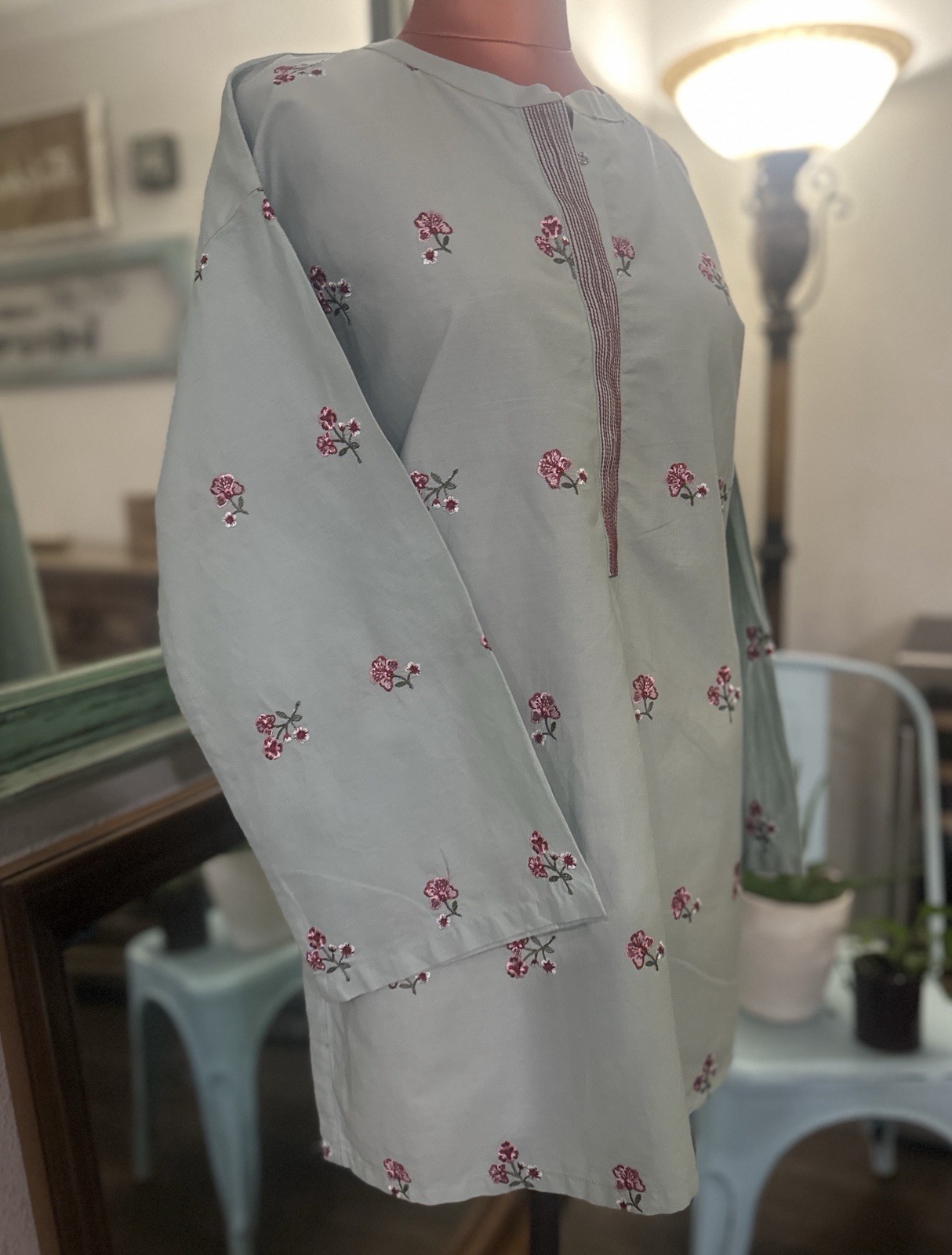 Light Pistachio Green Floral Print Long Sleeve women’s top/Kurti Traditional