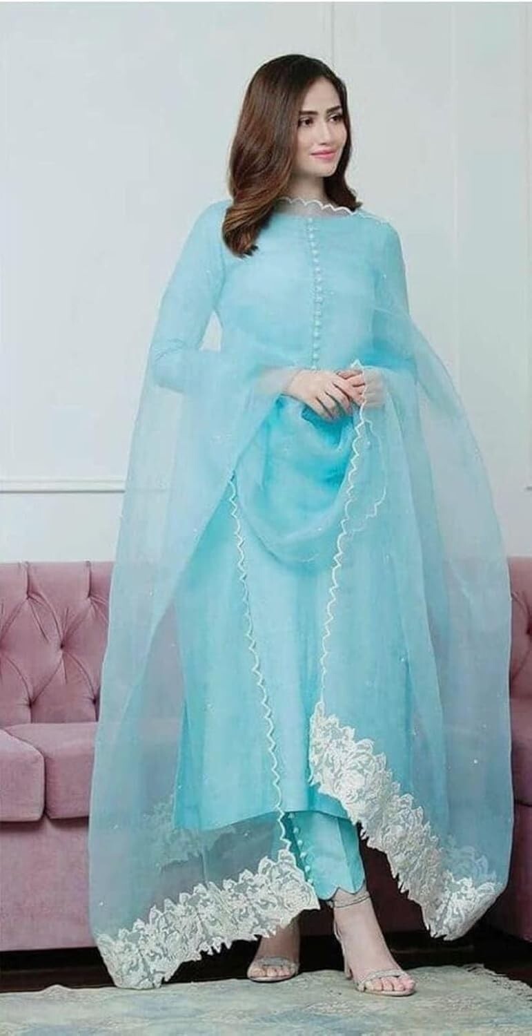 Women’s Aqua Blue Cotton Embroidered Salwar Suit Set with Straight Kurta