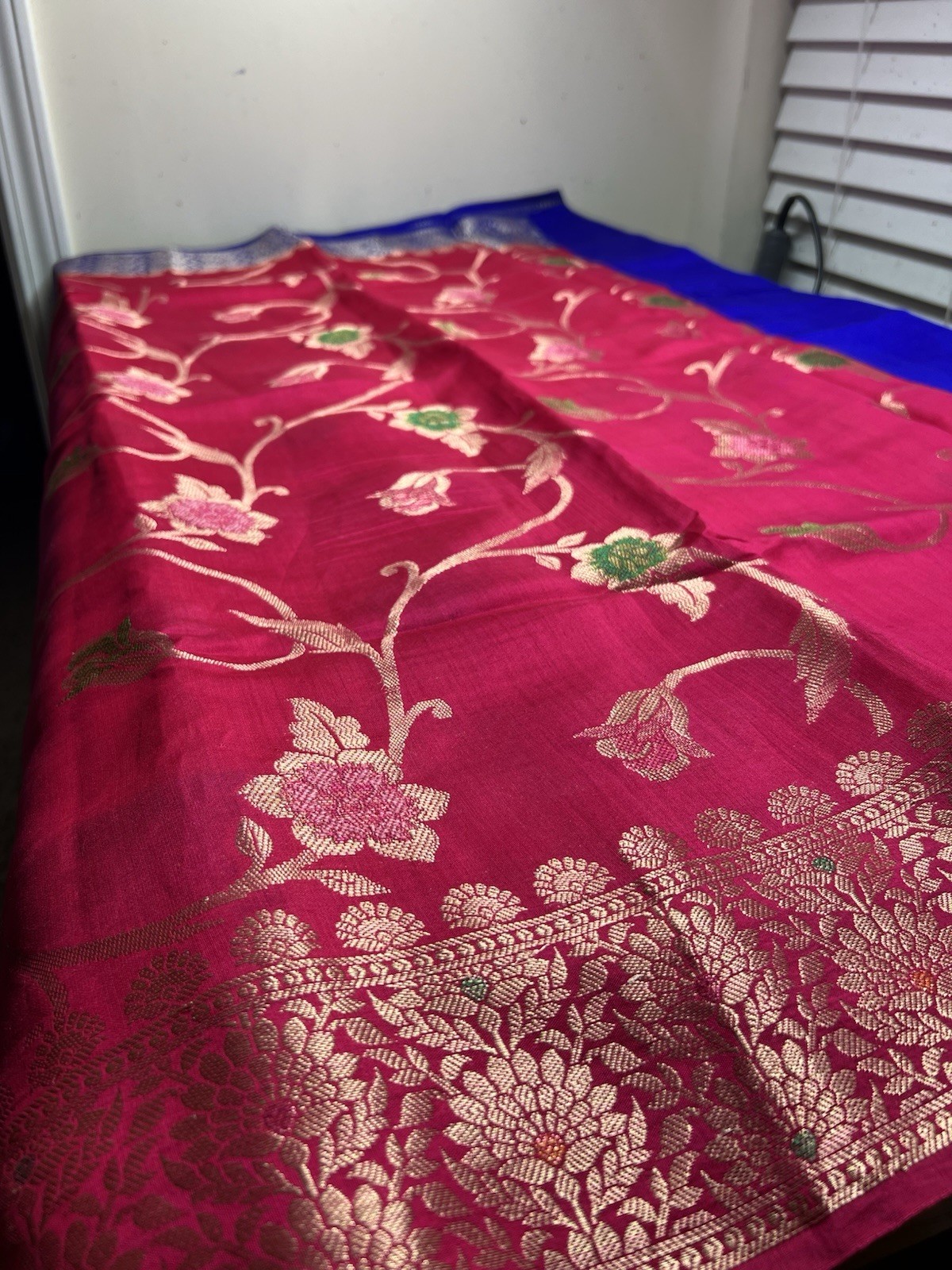 New Women Pure Banarasi Dhupion Silk Pink Blue Gold Green Floral Sari Saree