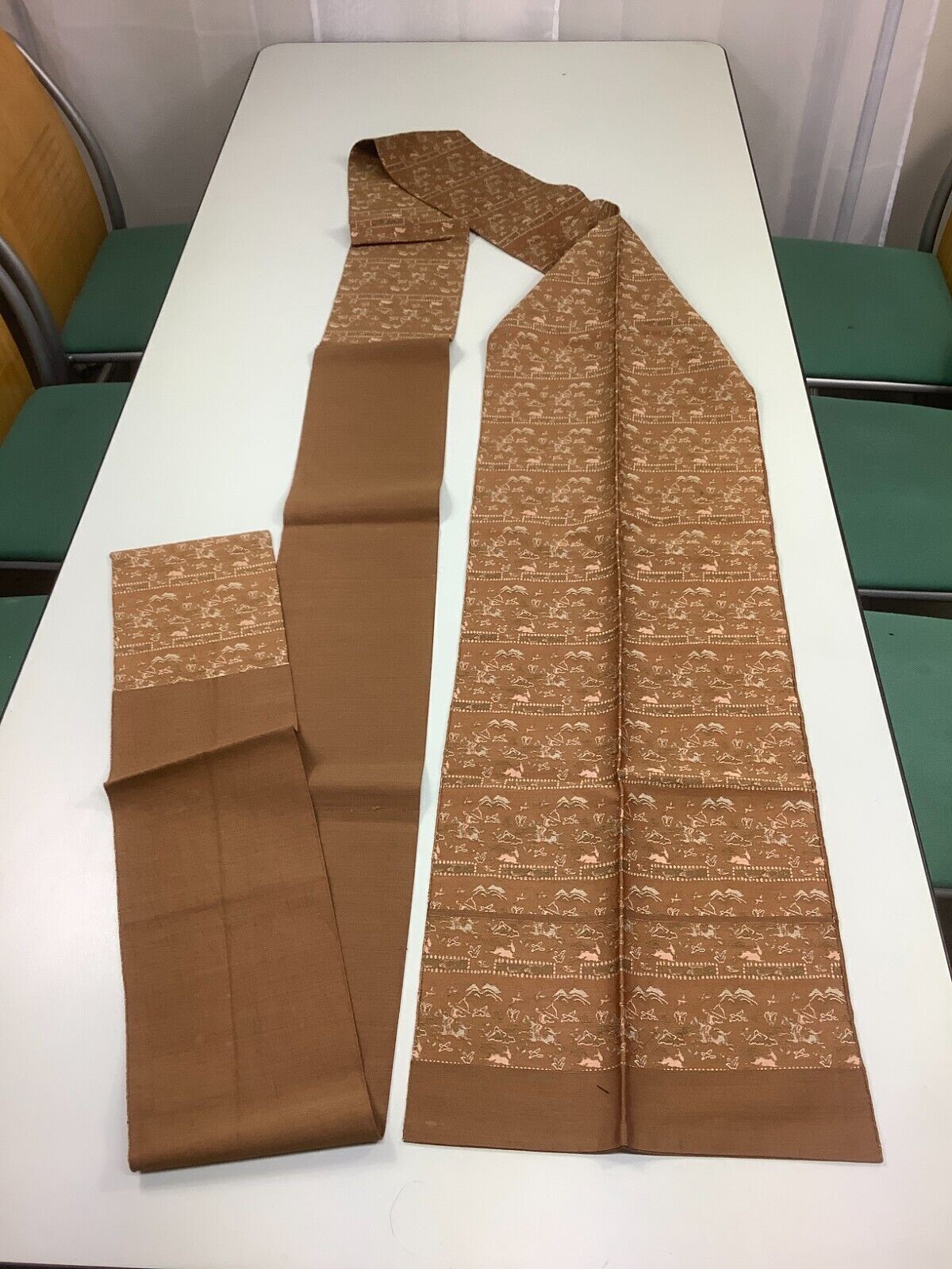 Japanese Vintage Kimono Nagoya Obi Silk Cloth Brown Animal 138.5ｘ30cm