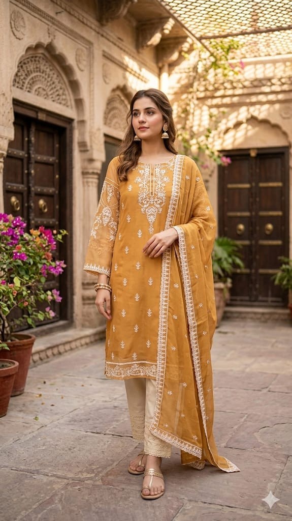 Girls Luxury Mustard Yellow Organza shirt ,Dupatta & cream Embroidered Trouser