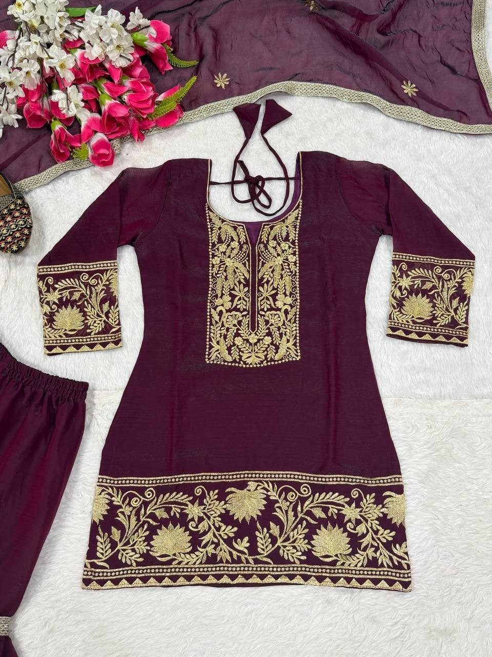 Stunning Look Maroon Silk Kurta Palazzo With Dupatta For Women & Girls